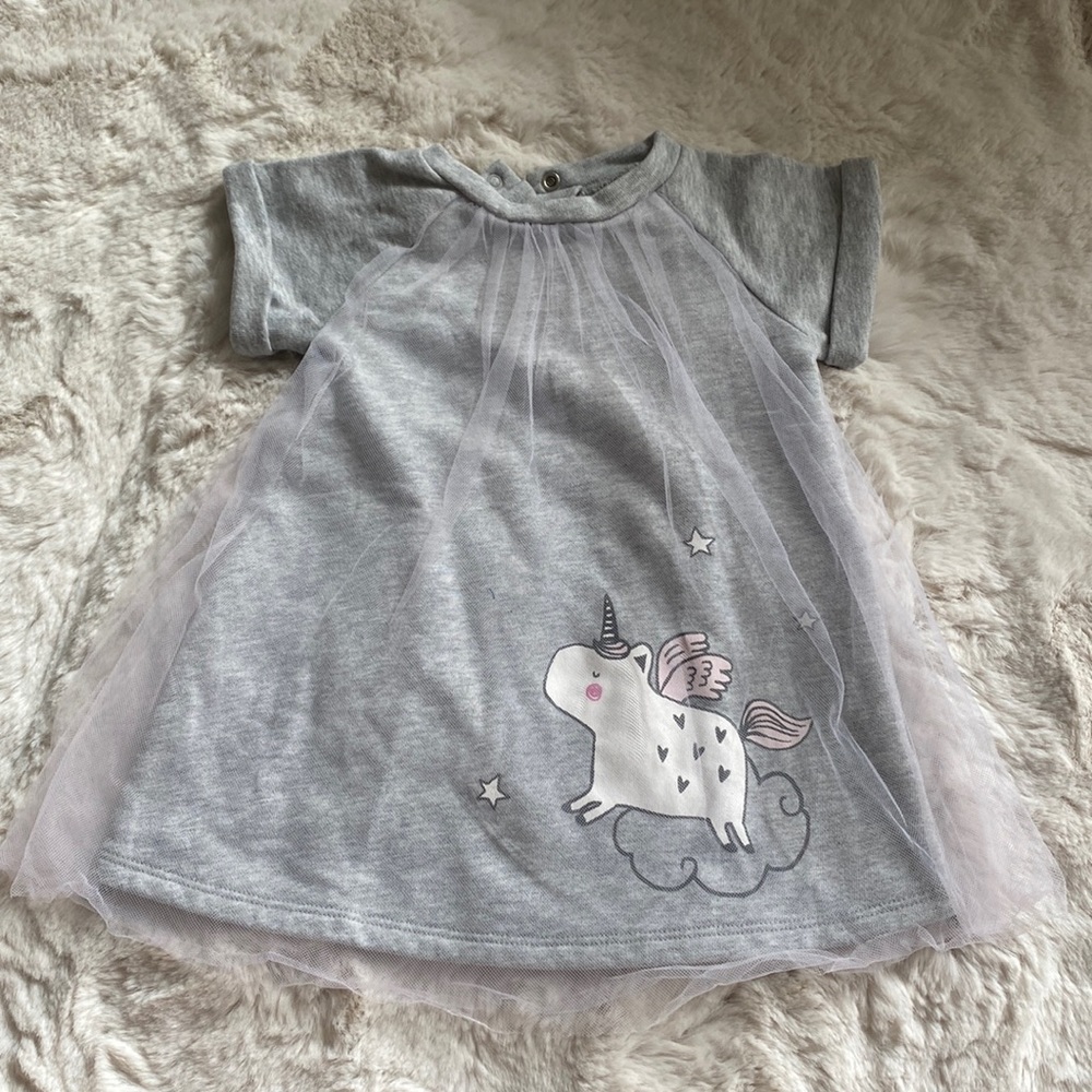 Gymboree baby girl 6-12 months dress gray. Unicorn design. Lightly used